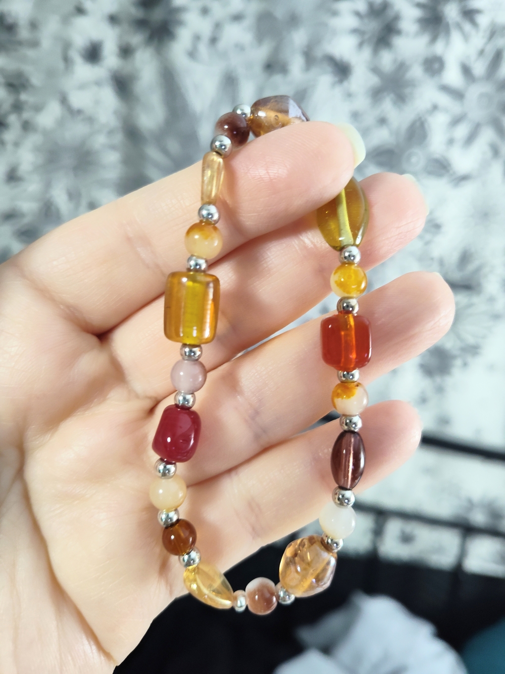 Hand Crafted Amber, Gold & Red Glass Bead Bracelet - Picture 2 of 4
